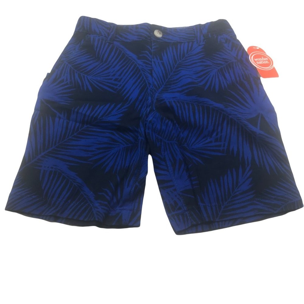 Wonder Nation Boy's Size 10 Adjustable Waist Flat Front Short Blue Palm Leaf New
